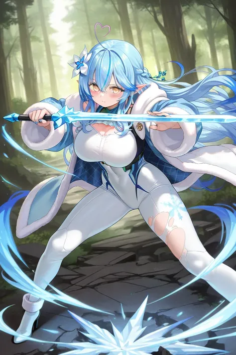 a girl with body suit use a ice sword, yukihana lamy, large breasts, mature female, 1girl, weapon, ice sword, solo, snowflake print, hair ornament, blue hair, blush, colored tips, white flower, half updo, pointy ears, heart ahoge, multicolored hair, elf, h...