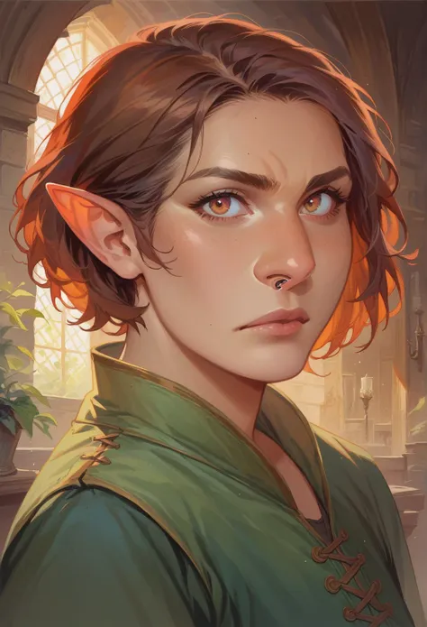 score_9, score_8_up, score_7_up, concept art, semi-realistic, full body portrait, portrait image, halfling boy, short stature, pointed ears, big eyes, big nose, aquiline nose, flat chest,  dark brown hair, short hair,  hair bangs, green coat, grey pants, c...