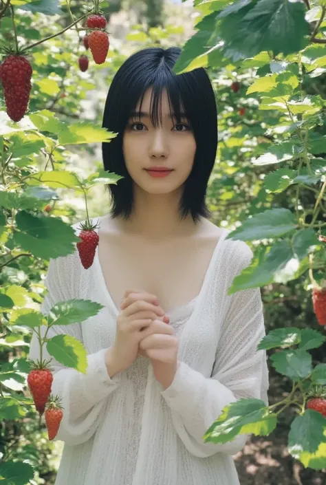 Hi-Res, 1 girl, (loose white open shirt,  underwear), beautiful cleavage、eye in a strawberry field、looking at the camera