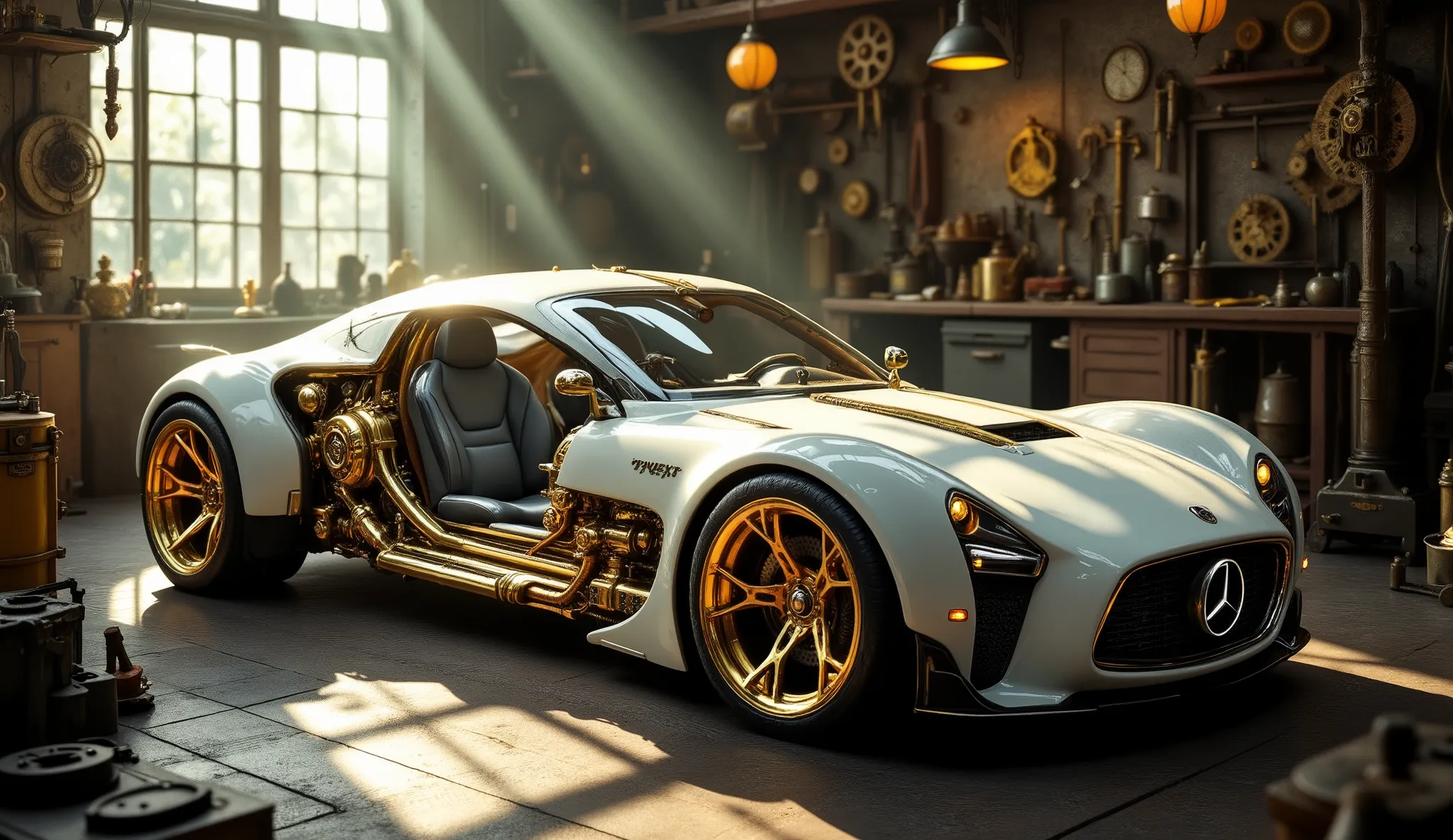 A sleek, futuristic steampunk car with intricate golden mechanical details and vintage-inspired design, set in a cozy, warm-toned workshop filled with tools, gears, and antique equipment. The car's interior should have a spacious cockpit designed for human...