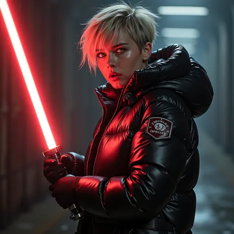 full photo, hyperrealist,   fighting  thin juvenile european sith  Showcasing her  short spiky tousled pixie  cut while holding her bright lightsaber, high details, high quality, high resolution, a masterpiece, standing in her bulky puffed jacket-hooding l...