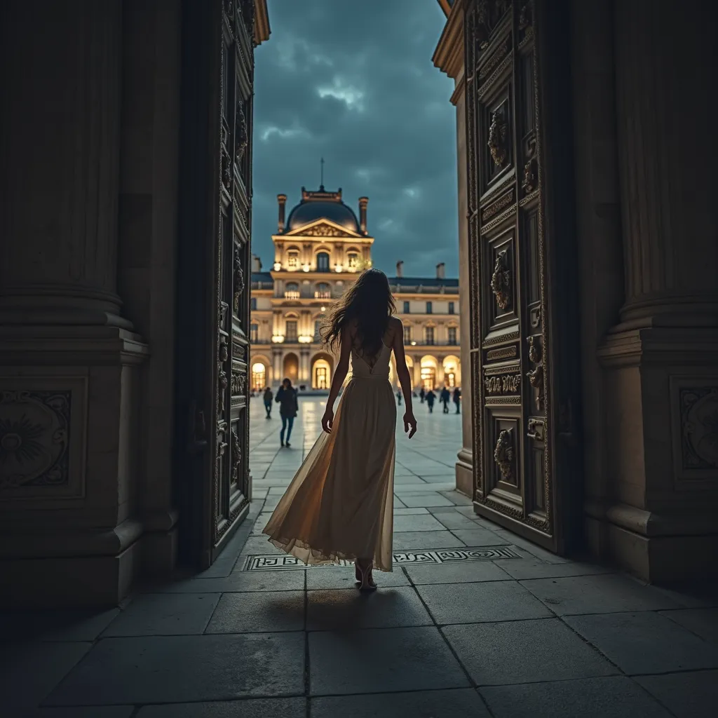 night; take the key. Entrance to the Louvre Museum. A beautiful woman entering the museum