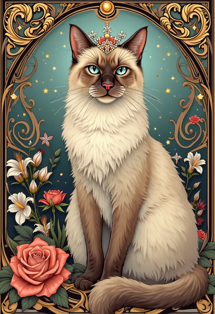 _A highly detailed Art Nouveau-style portrait of an elegant cat, inspired by Alphonse Mucha’s decorative aesthetic. The cat, a regal Persian, a majestic Maine Coon, or a slender Siamese, sits gracefully at the center, its fur flowing like silk, outlined wi...