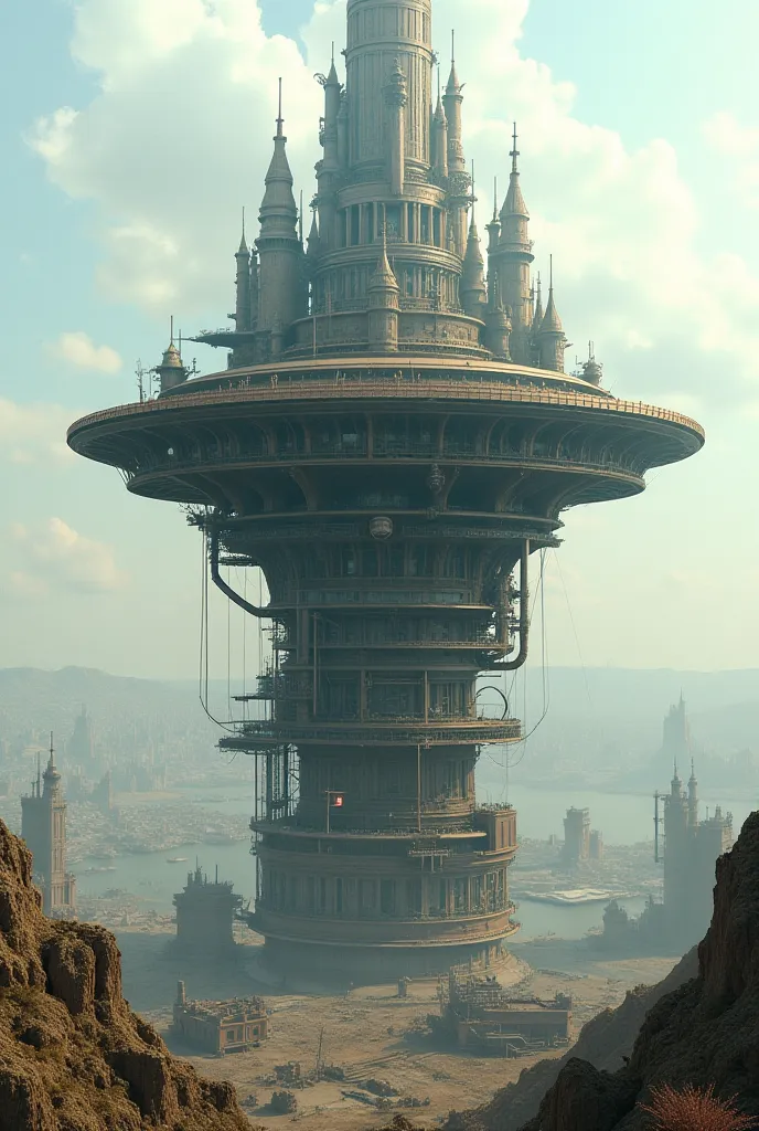 Imagine the semi-apocalyptic scenario with a large structure ,a city that moves ,with a steampunk aesthetic plus technology where the base is a great mechanism for moving the city ,while the top is something beautiful and refined 