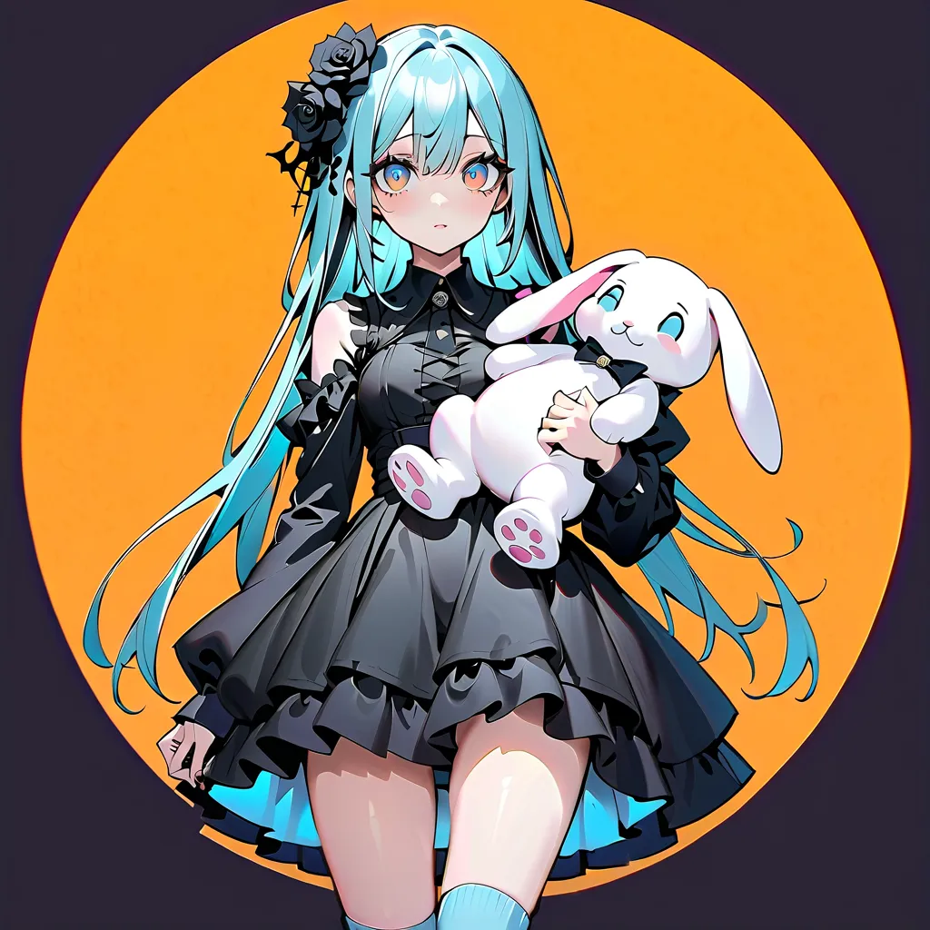 beauty、orange neon color background、 black clothes  、 pretty face、baby face、((( detailed eyes 、 droopy eyes )))、  long sleeve with flared cuffs  、 Shoulder-Out、 one-piece flared skirt 、 holding a stuffed rabbit in one hand、black and light blue socks 、Gothi...