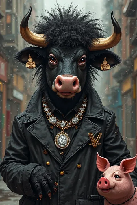 Black ganster cow with a diamond circle Chain with wigs on it and a pig on it