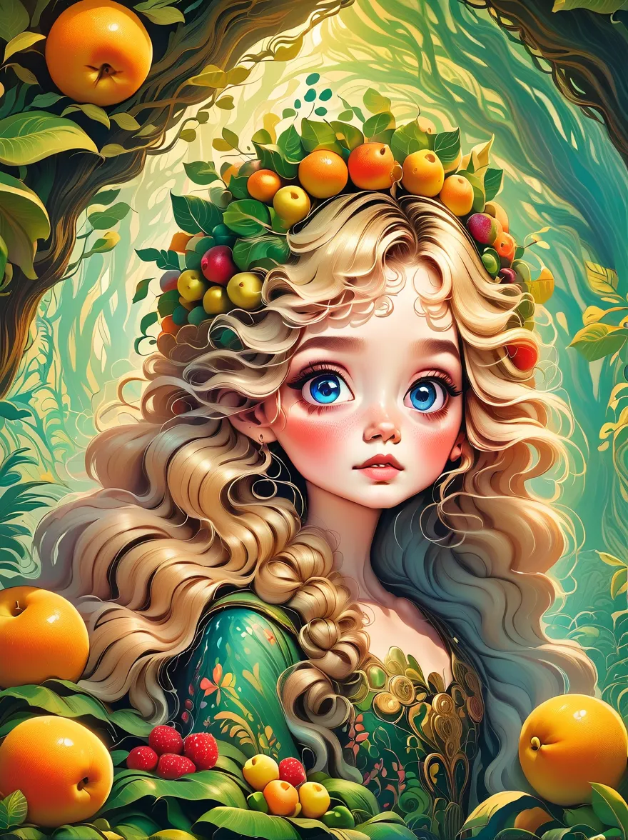 （Highest quality，masterpiece：1.2， Detailed Details ），（is sitting，girl wearing lots of fruit,big eyes，Small freckles， fluffy blond hair），（ in the woods、Fairy、）, Lots of fruit、wearing a fruit dress
