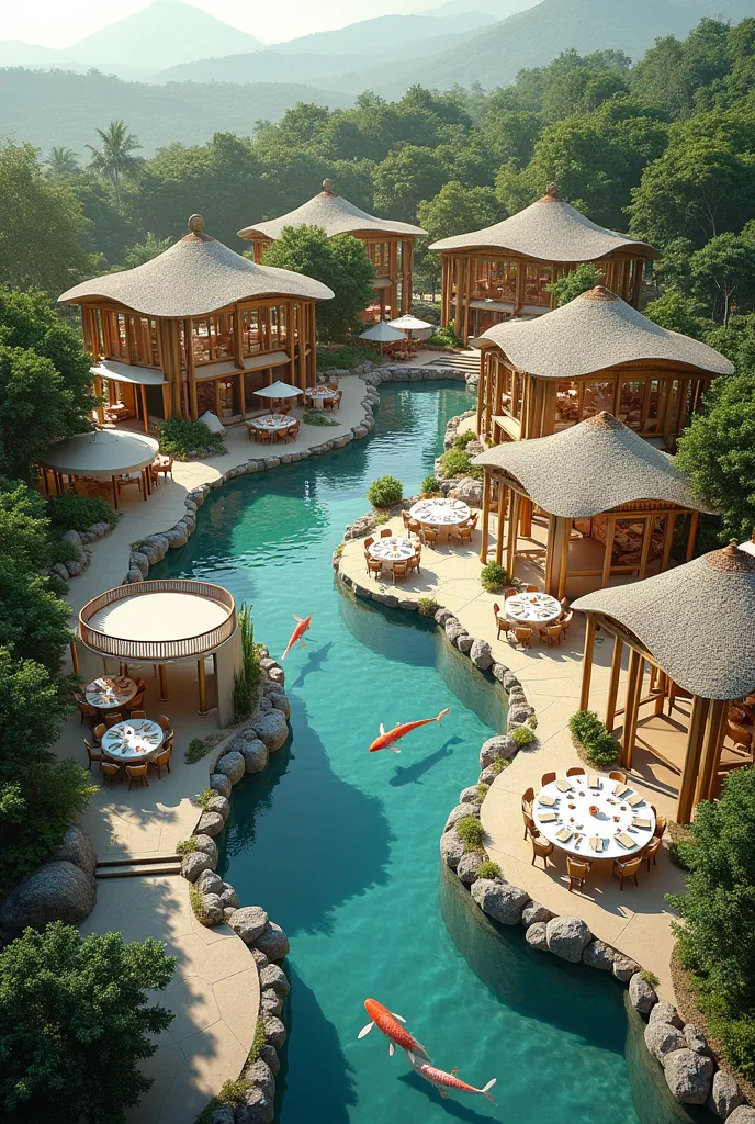 The area is 40 meters long x 40 meters wide including koi pond, garden, restaurant, café, ren's play area, outdoor dining area, kitchen area, toilet area, VIP dining area