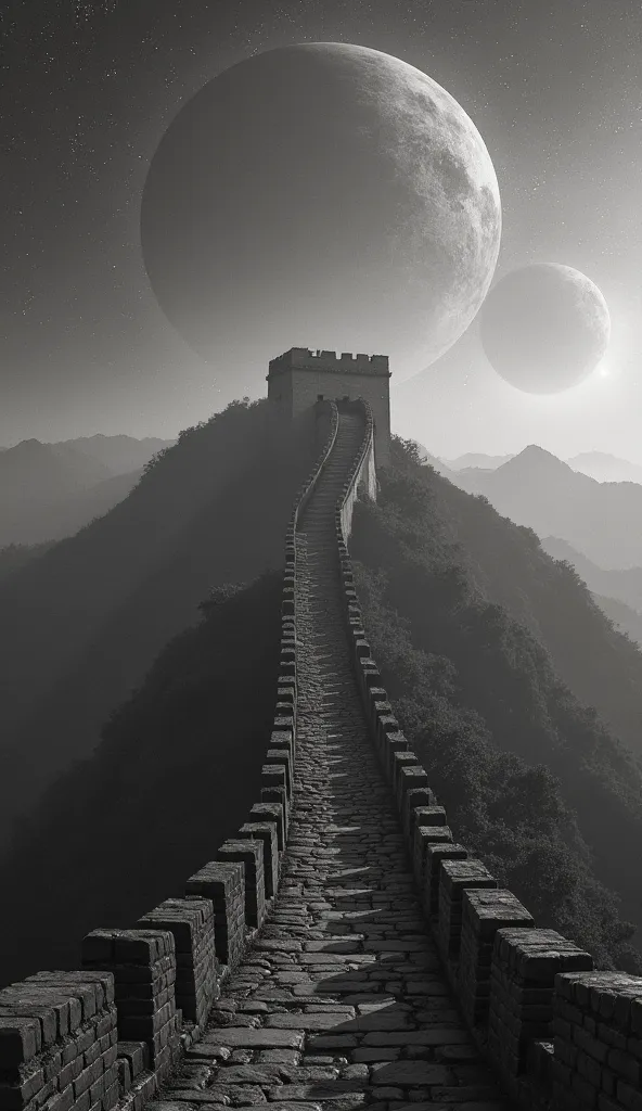 Wall of China and let it come out above the wall 
 a background universe where some planets can be observed in black and white
