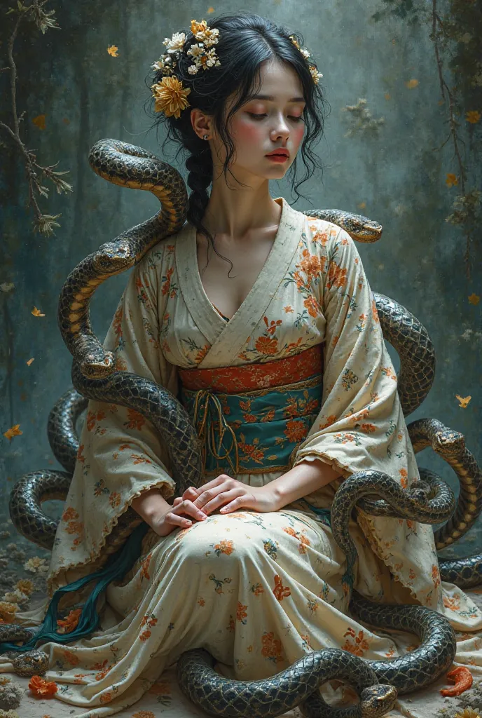 Create a Japanese kimono with a woman sitting on a herd of snakes wrapped around her body