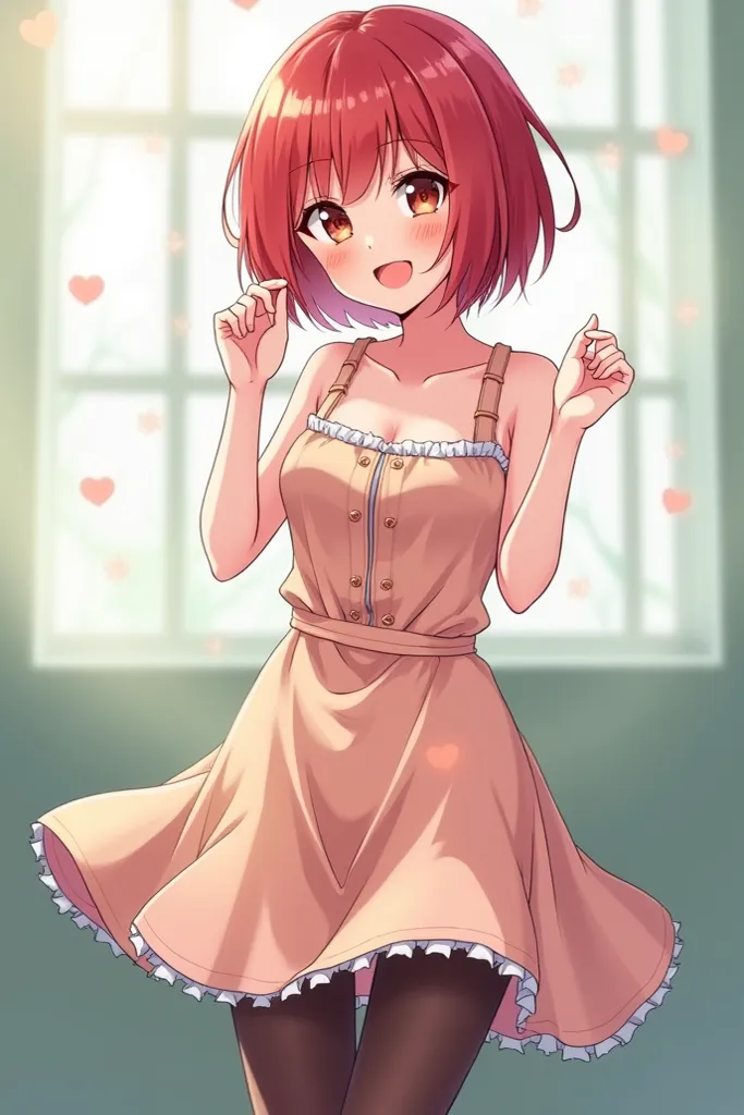 A female wearing a sundress and stockings, cute, anime style, short red hair, taking dick up in the ass, smilling, high-quality, 4k