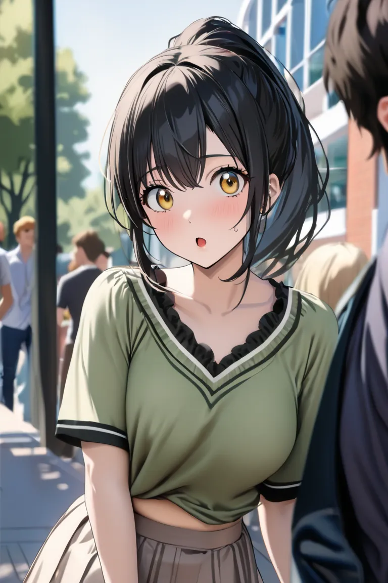 top quality, masterpiece, Hi-Res, 8k, (1 girl 1 boy  ), sexy, (bust shot), (casual outfit), Black hair ponytail, (((I look at the audience with a surprised and impatient expression))), female college student, Walking around campus, Walking side by side wit...