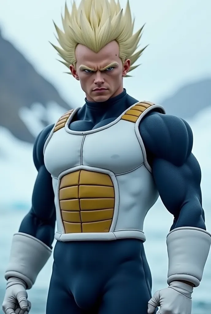 A hyper-realistic Vegeta portrayed by Henry Cavill, standing in the icy wastelands of Antarctica. His face is unmistakably Henry Cavill’s, with a strong jawline, intense black eyes, and a determined expression. black hair is as realistic as possible, with ...