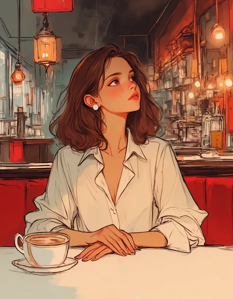 masterpiece, illustration, vector art,Waiting for someone, 1 female,Women meeting up at a cafe, fancy cafe, coffee,urban music, Record Jacket ,pensive,(detailed hands),( beautiful hands )
