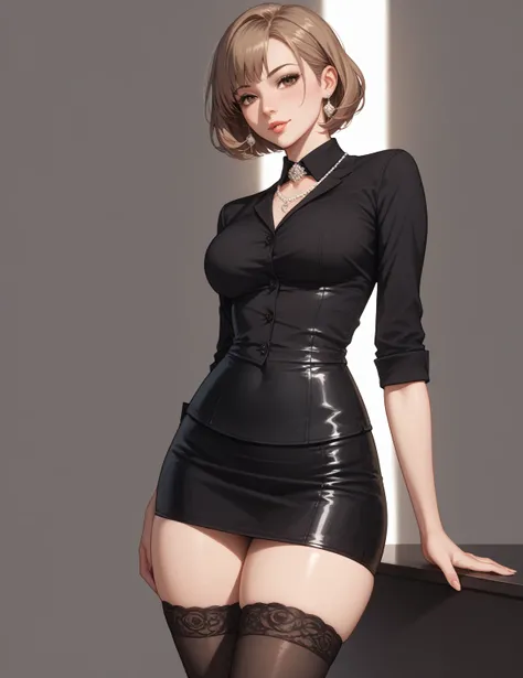 Short straight brown hair,  light brown eyes ,  short body, big boobs, thick thighs, flaquita,  black shirt,  black blouse,  black skirt,  long stockings up to the skirt, 