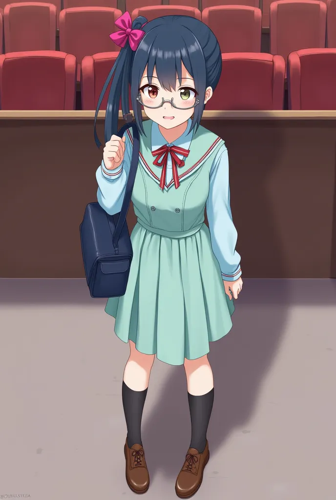   female high school student  、 dark blue ponytail with fuchsia bow、  different colored eyes   （Left red、Right olive green）、Wearing silver-rimmed glasses 、 Light Blue Green Long Sleeve School Uniform Dress，Light Blue Green Long Sleeve School Uniform Dress ...