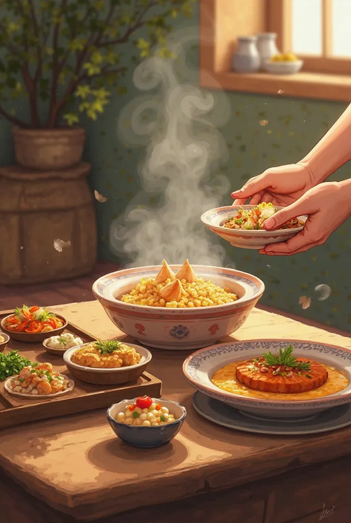 ghibli style food piping hot being placed on table with side dishes piping hot cozy