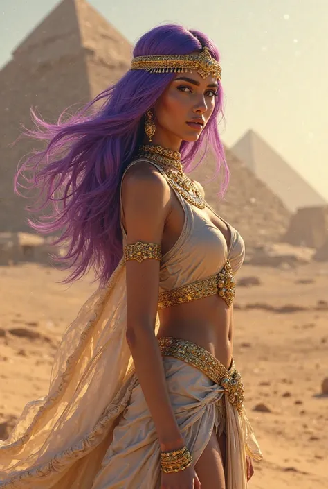 a woman with purple hair and a gold headpiece is standing in front of a desert background with a pyramid, Altoon Sultan, fantasy art, rossdraws global illumination, egyptian art