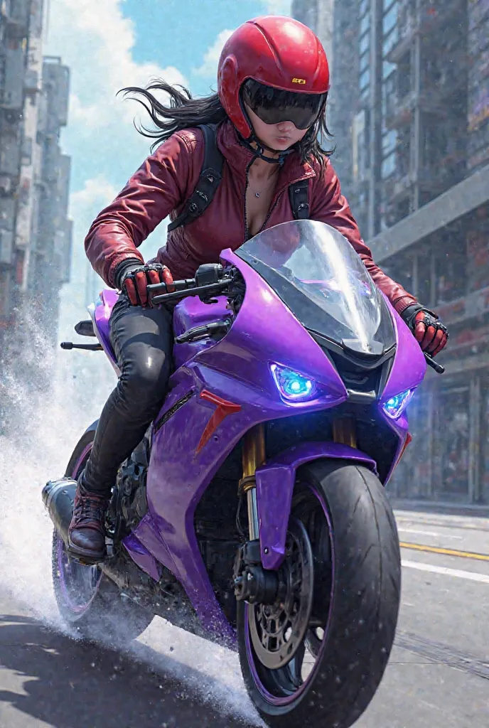 Morden Style Anime Photo Woman Wearing Red Helmet Semi Transparent Closed Visor Black Eyes. Riding on a Perfectly Built Purple Electric Bike. radical maneuver 