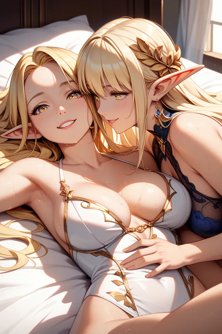  best quality, ultra detailed,8k,2girls,dynamic angl,sweat,smile,(elf),lie on bed,open regs,regs up High,(AND gold hair,long hair,gold eyes 1:1,)break(AND green hair,long hair,Blue Eyes 1:0),beautiful detailed eyes,)(large cleavage),