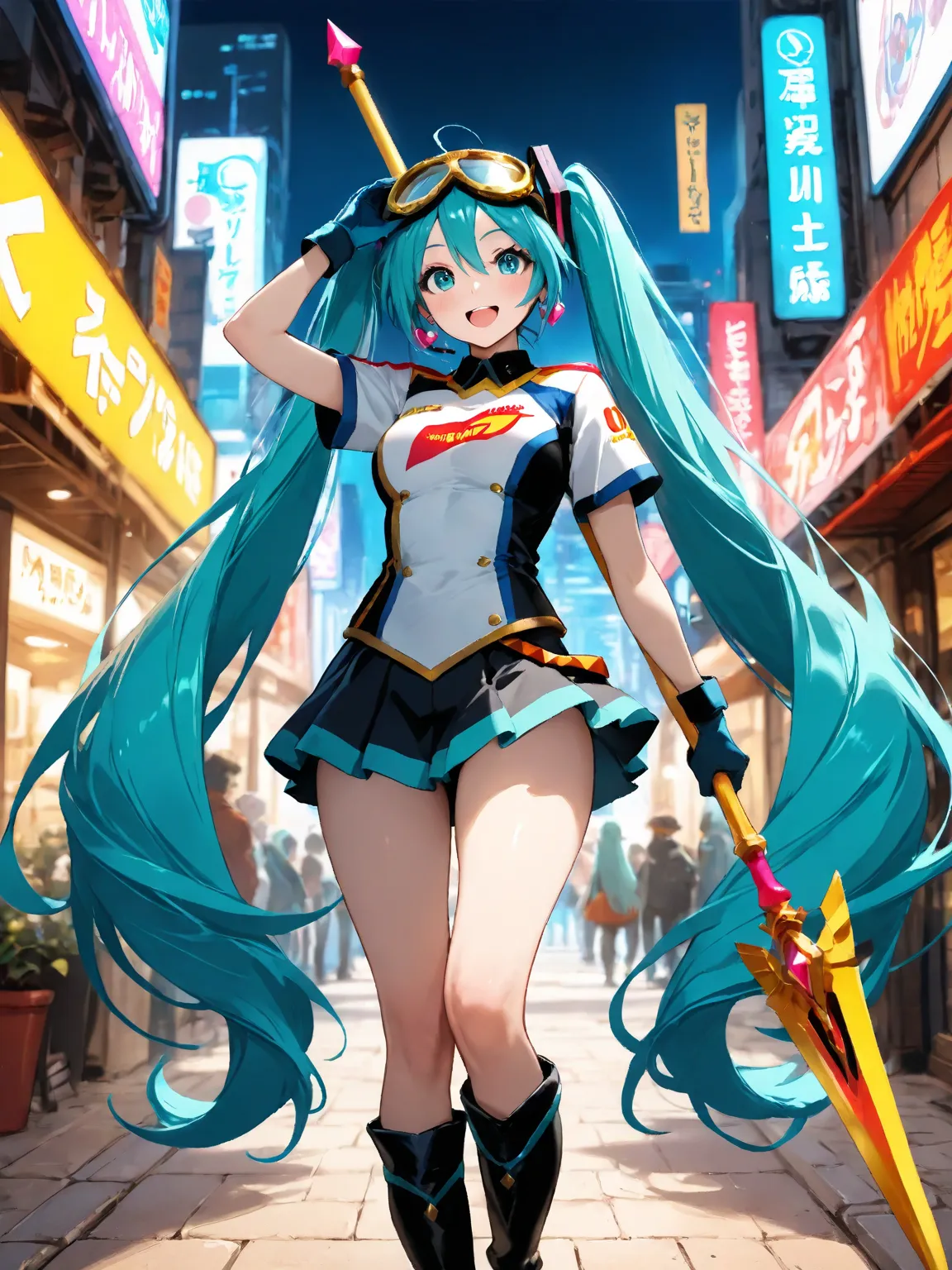 monster8号, 1 of the greatest girls,   Hatsune Miku,   night city , masterpiece,  Highest quality,   detailed background ,   intricate details without hiding the body , miniskirt,Yellow battle uniform, long boots , Beautiful medium sized breasts , big goggl...