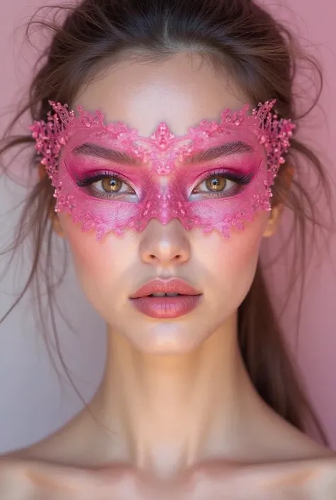 A beautiful sexy woman with a pink face mask on her face