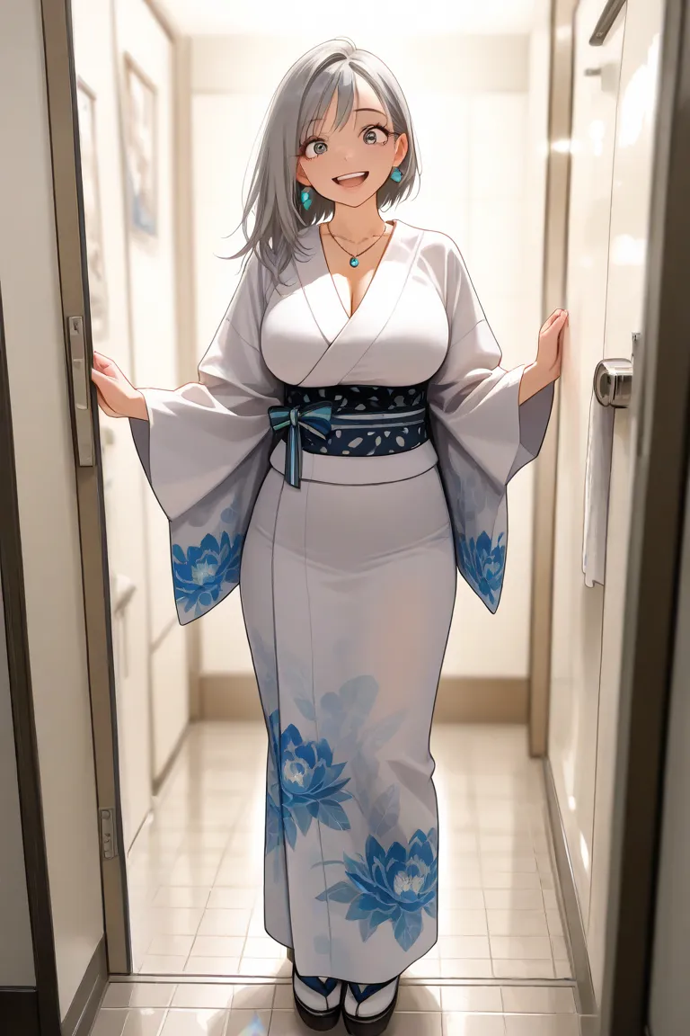  standing in the bathroom, excited, necklaces, earrings, full body, Long Gray Hair,  white kimono, amazing, super image quality, RAW photo, realism: 1.25), ( bright lip gloss , long lashes,  Smooth face  ,  bright skin, Natural Shadows, Wide Light, Wide Li...