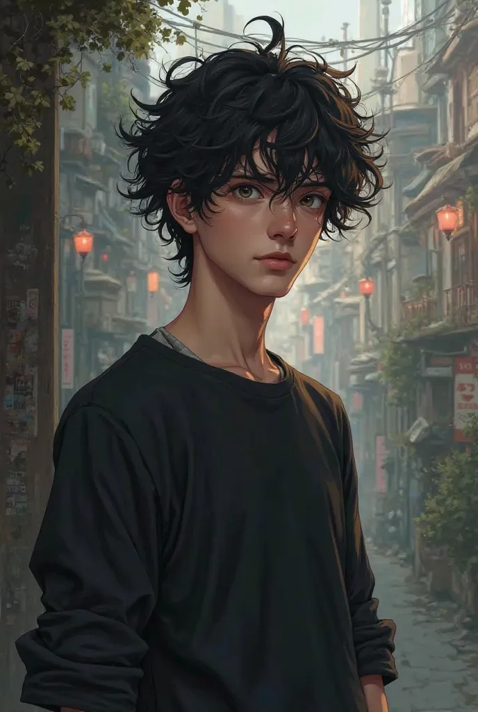  20 year old boy,  with black and curly hair , black long sleeve t-shirt, anime