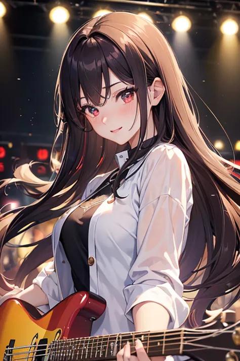 ((masterpiece, best quality, highres, UHD, perfect pixel, depth of field, 4k, RTX, HDR))), 1girl, single, solo, beautiful anime girl, beautiful artstyle, anime character, ((long hair, bangs, brown hair, curly hair:0.8)), ((red eyes:1.4, rounded eyes, beaut...