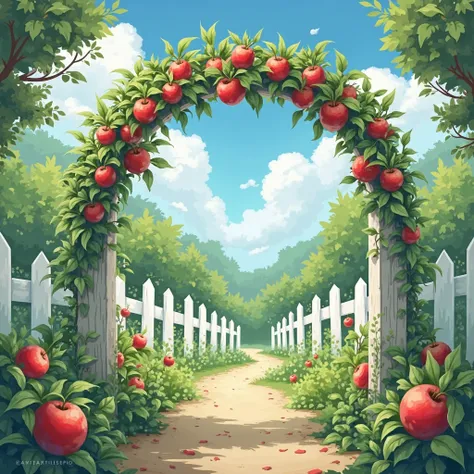 An illustration of a garden with apples, a white wooden arch with apples,  blue sky, white fence 