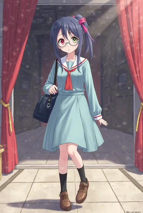   female high school student  、 dark blue ponytail with fuchsia bow、  different colored eyes   （Left red、Right olive green）、Wearing silver-rimmed glasses 、 Light Blue Green Long Sleeve School Uniform Dress，Light Blue Green Long Sleeve School Uniform Dress ...