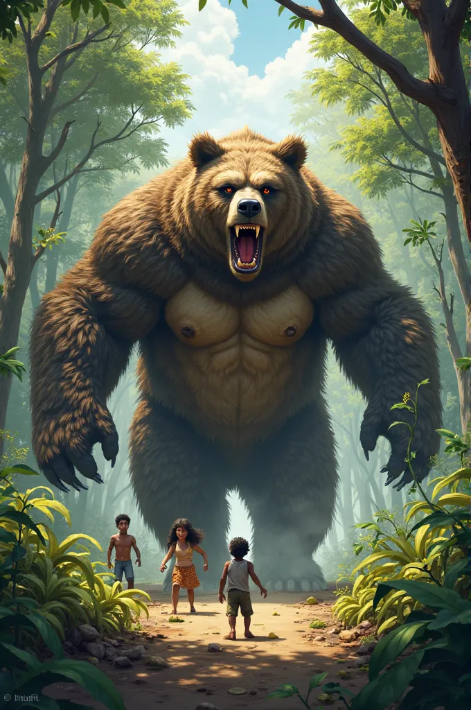 Scene 2: The Evil Bear Appears

Suddenly, a large, fierce bear named Kalu arrives, stomping through the jungle.

Kalu growls loudly and claims the banana tree as his own.

Golu’s mother tries to stop him, but Kalu pushes her to the ground.

Golu looks frig...