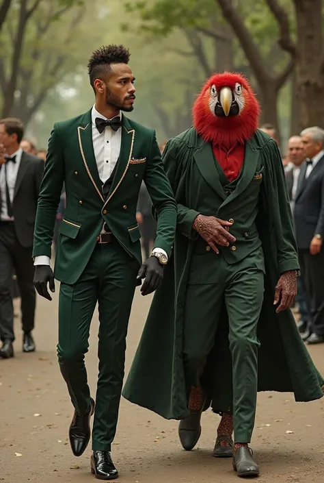 

Prompt:
"A stylish man resembling the football player Neymar Jr. walking alongside a humanoid creature with the head and feathers of a scarlet macaw. Both are dressed in sophisticated dark green suits with gold details, matching each other. The man wears...