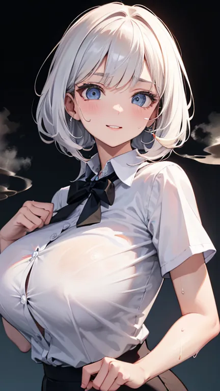 sagging breasts,1mature female,smile,huge breasts, ((huge breasts:2.05)),long breasts, (((face focus))),cowboy shot,black short pencil skirt,white collared shirt,black long tie,korean high school uniform,white hair,(((sweat,steam)))