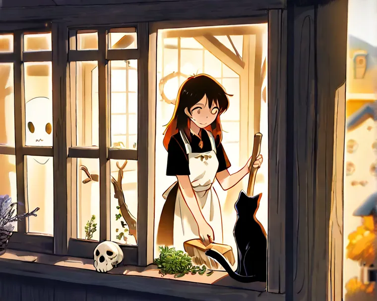 (top quality,  masterpiece, absurdity) The cleaning witch, broomstick, gentle expression, Countryside view outside the window,Cabin Window,  Soft atmosphere,  Warm colors ,Woman making a white apron,Warm sunshine,Maturity, soft expression ,black cat , Ghos...