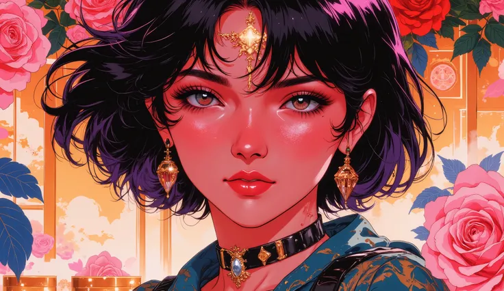 high quality, 8K ultra HD, Una hermosa MUJER DE NOCHE double exposure que combina una silueta de mujer con una diamantes, la rosa should serve as a backdrop, with its details incorporated into the woman , sharp lines, The background iS fuego, sharp foc...