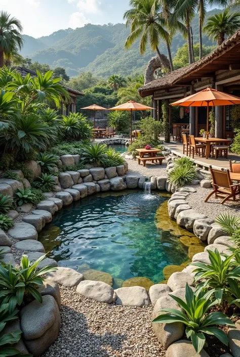 The area is 40 meters long x 40 meters wide which includes a small aquarium in the middle, rocks and gravels and waterfalls, garden, restaurant, coffee, ren's play area, outdoor dining area, kitchen area, toilet area, rustic style VIP dining area, farmhous...