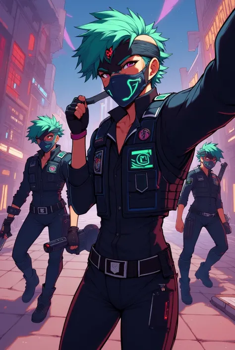 Cartoon of people with neon mask military vest and black shirt green hair