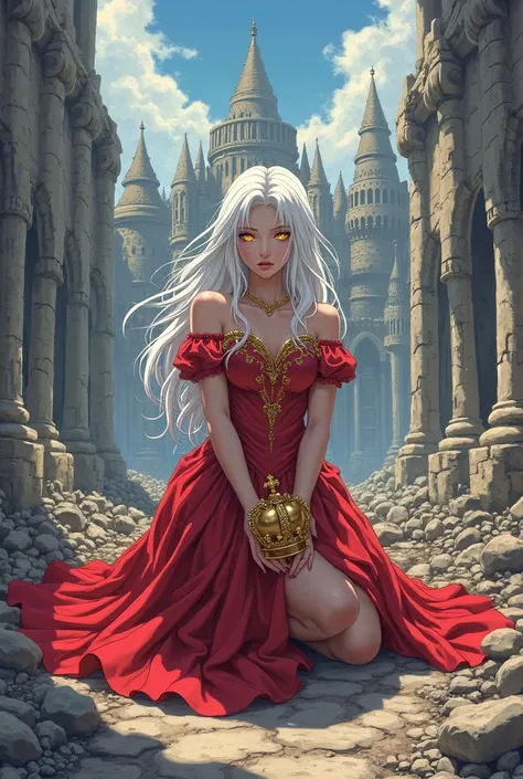 I want to create in anime style a woman with white hair, golden eyes and a totally red dress who is on her knees holding a crown and in the background I want there to be a castle completely in ruins.