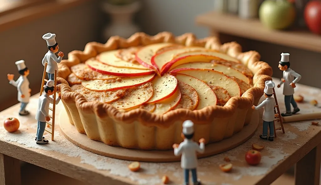 "((Realistic human miniatures)) baking an enormous apple pie. Some roll out a gigantic sheet of dough, while others carefully place huge apple slices into the crust. One tiny chef stands on a ladder, sprinkling cinnamon. The golden crust and soft lighting ...