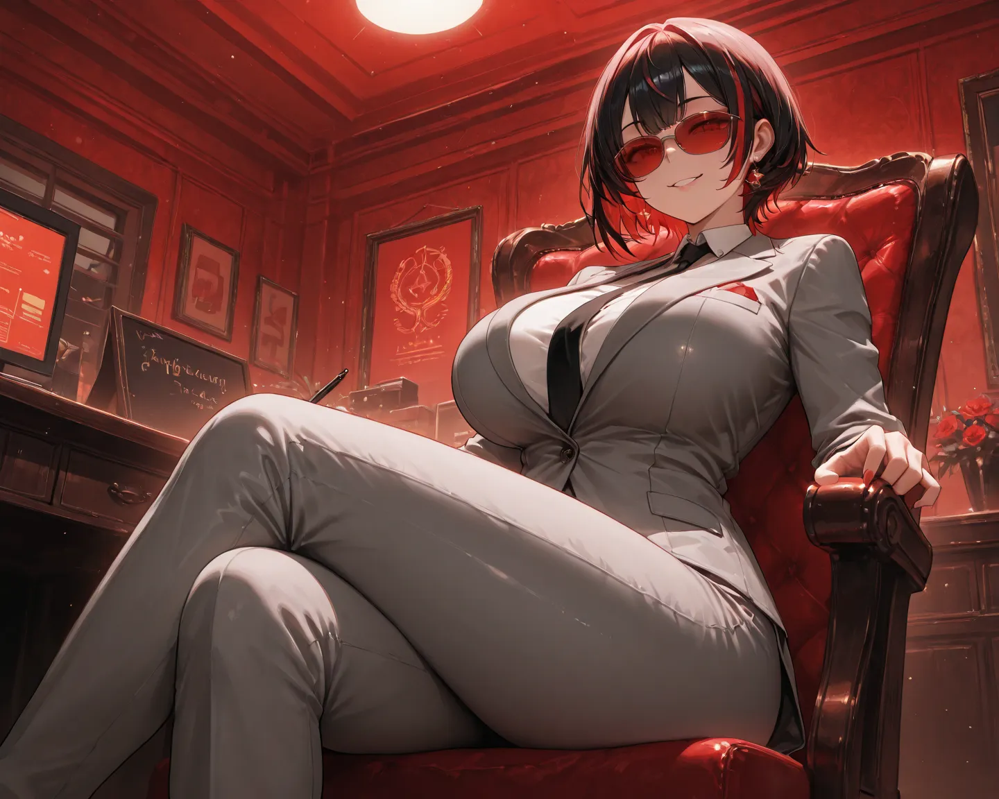 (((solo))), (red image colors), office, sitting, crossed legs, Condesteming expression, from below, cowboy shot, A very beautiful woman, a peerless beauty, sunglasses, multicolored streaked hair, wolf-cut hair, sparkling eyes, half-closed eyes, big boobs, ...