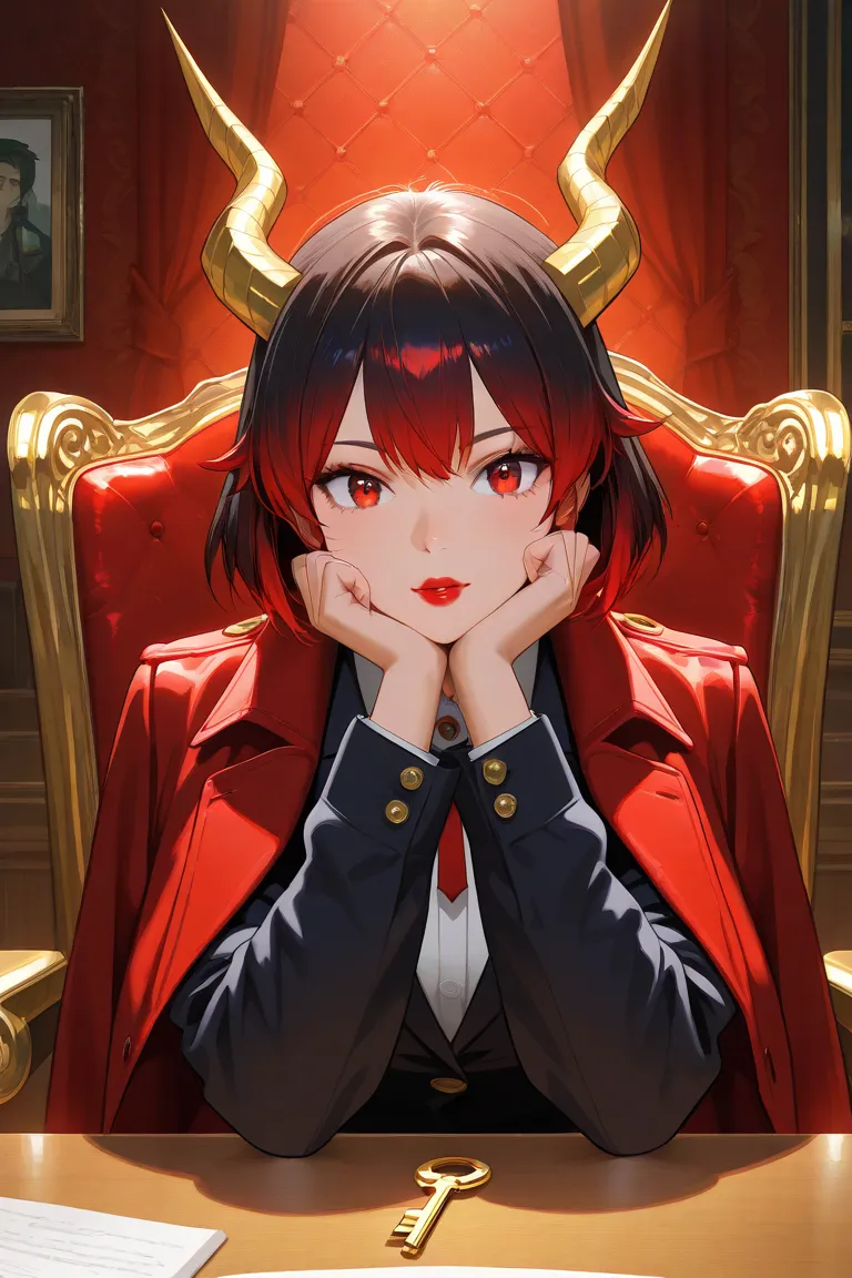  A woman in a red coat is sitting on a chair with a dragon, ArtStation Popular on Pixiv,  detailed anime art work,  detailed digital animation art,   Complex Gorgeous Anime CGI Style , Guvez on pixiv art station, Guvez on pixiv,  Anime Fantasy Illustration...