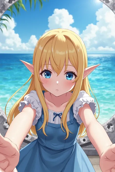  an anime-style illustration of a female elf with long blonde hair and striking blue eyes. She has pointed ears and is wearing a cute blue and white dress. Her expression is serious yet captivating as she extends her arms towards the viewer, as if taking a...