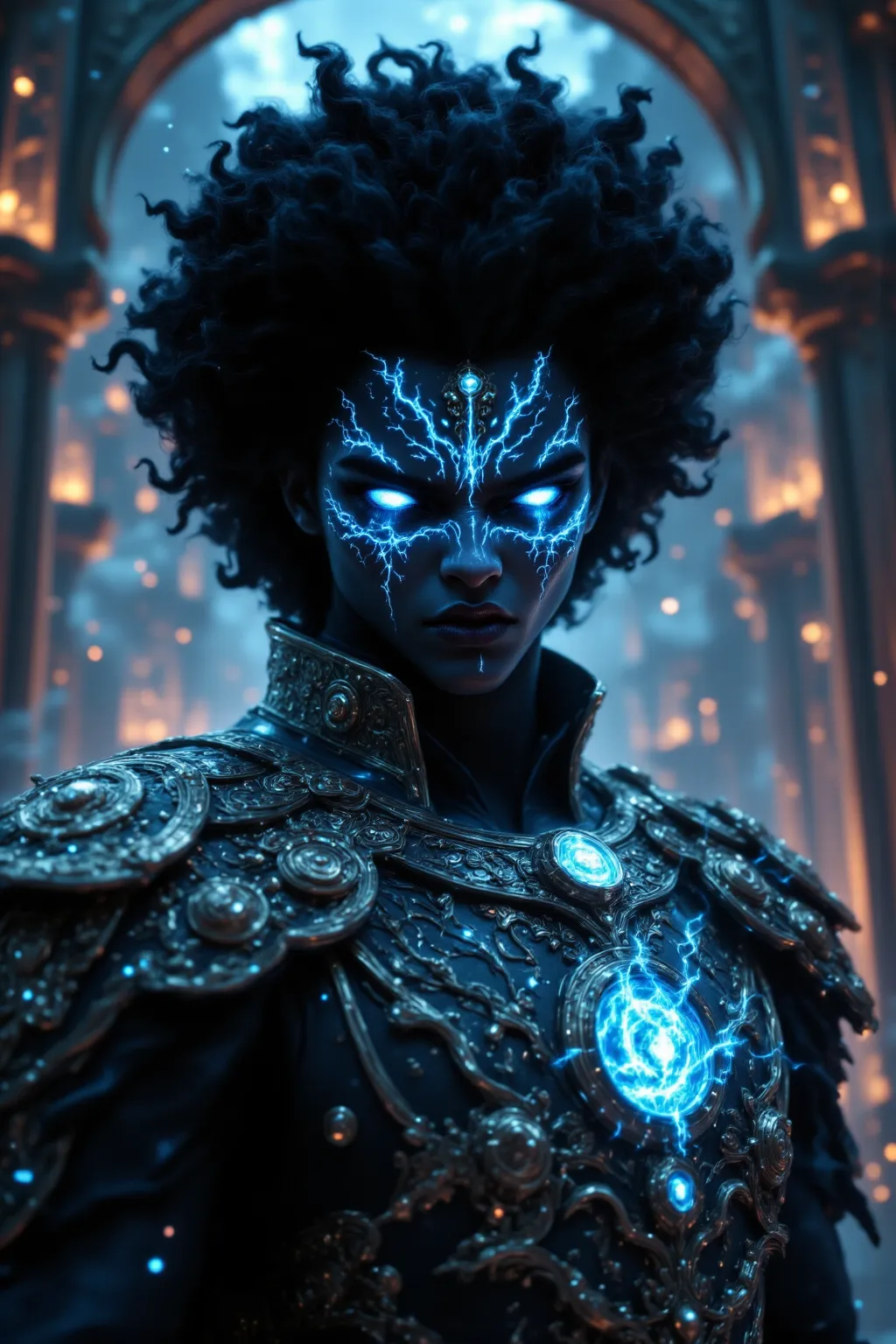 Handsome gorgeous African american male vampire prince in India intricate detailed clothing, beautiful afro hair, high quality, defined, beauty, impeccable masterpiece blue tones, cinematic 