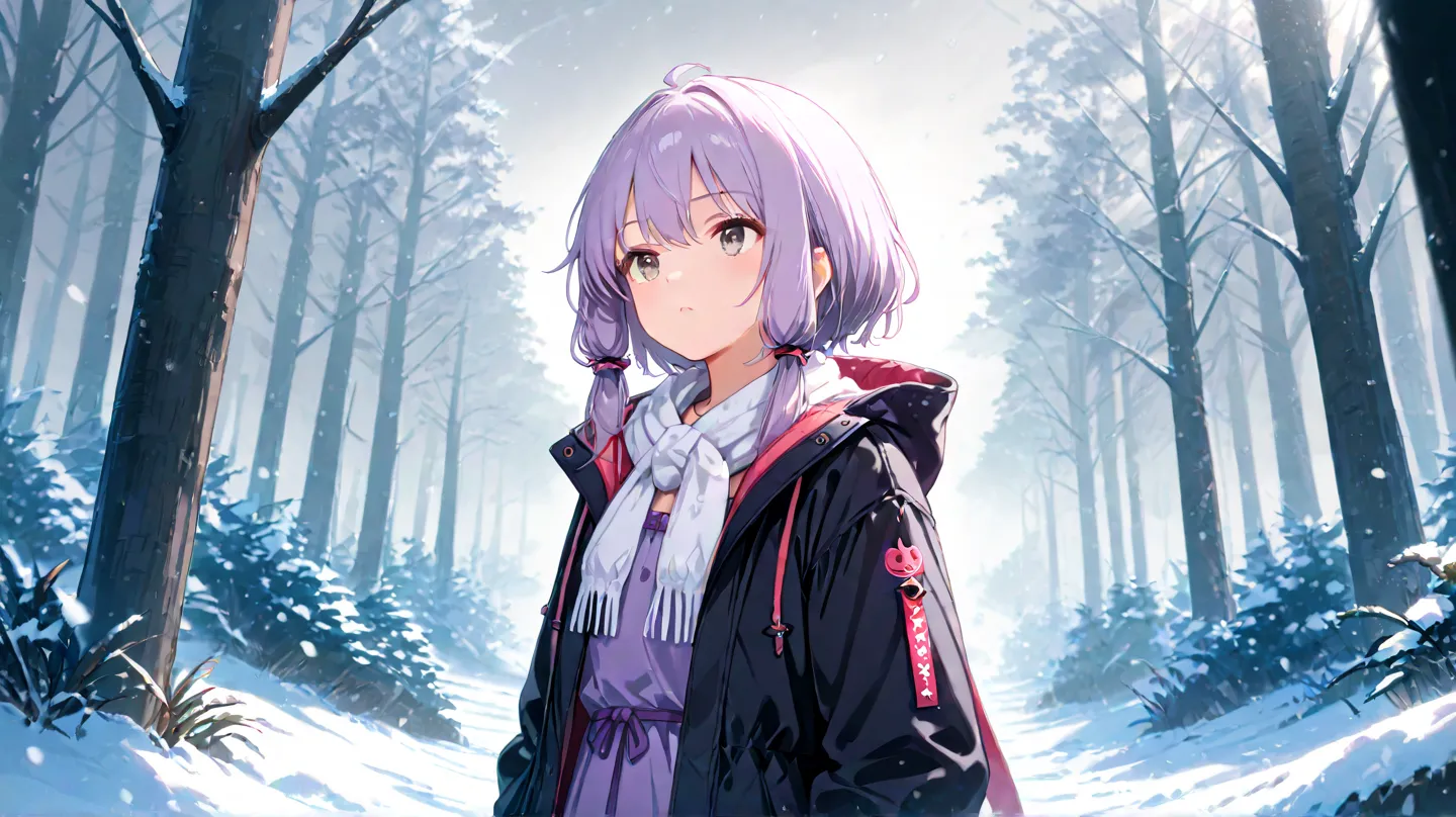 Yuzuki Yukari is alone、 light purple hair、Wear a black down coat、I wear a white scarf around my neck 、 it's snowing、Light effects、winter、 gray sky 、 in the woods、Hi-Res、perfect face、 look up at the sky、masterpiece、detailed faces、４k