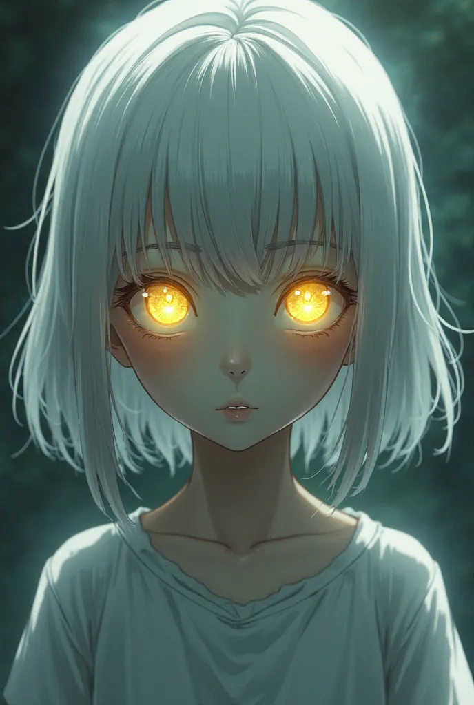 A five year old girl, a toddler, white hair, medium length hair, skin slightly greyish green tone, eyes are fully glowing yellow (there's no white in them). anime style