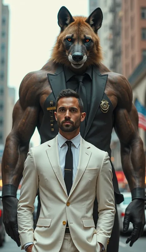 I want the photo of a good-looking handsome man dressed in a white suit and behind him a giant security guard with the body of a man and the face of an animal a hyena dressed in a suit also the photo on the vertical and on the background of the screen a bu...