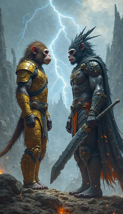 A fierce and electrifying standoff between the **Monkey-Armor Warrior** and the mysterious **Ven**, both standing face to face, locked in an intense battle of wills.  

The **Monkey-Armor Warrior**, a master of agility and combat, stands tall, his body cov...