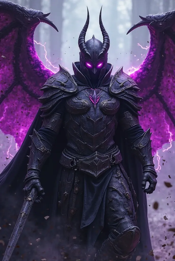 dark knight,wearing semi-demonic armor, bright purple eyes, with a purple electric aura, with black and purple wings bursting with smoke
Holding around the neck and aggressively lifting a gentleman in broken armor 