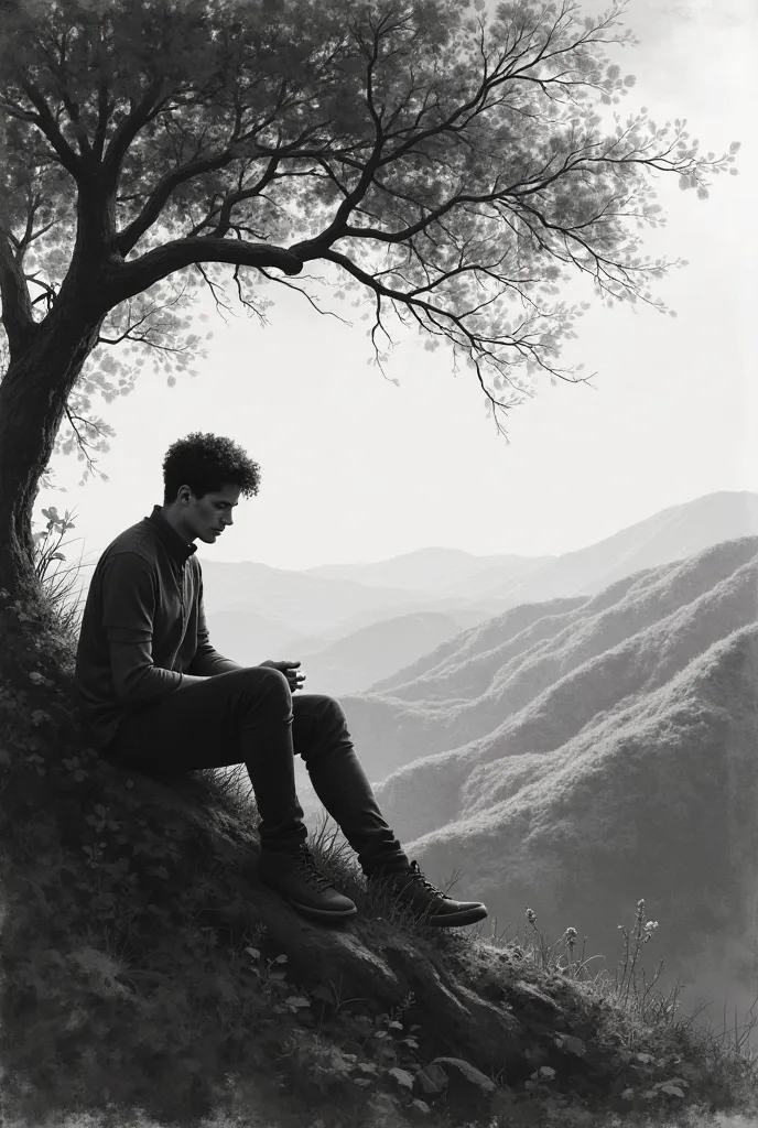 Create a black and white painting depicting a sad young man sitting at the edge of a hill with a tree remembering his mother in his thoughts (Also show his thought)